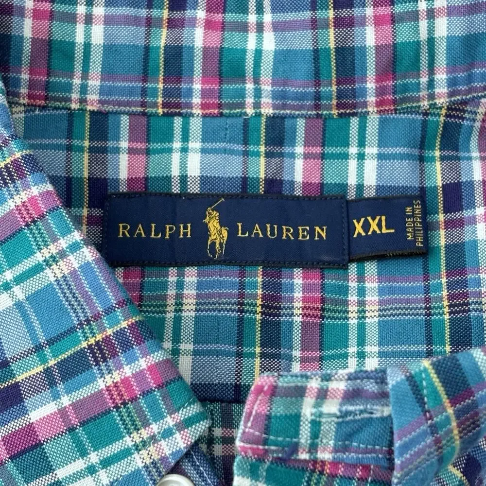 Polo Ralph Lauren Oxford Plaid Button Down Shirt XXL Blue Aqua Pink Brown Pony